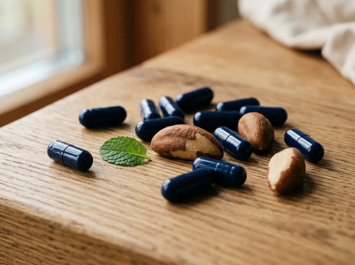 Dark navy blue Hardero capsules with saw palmetto and selenium-rich brazil nuts, men's wellness supplement