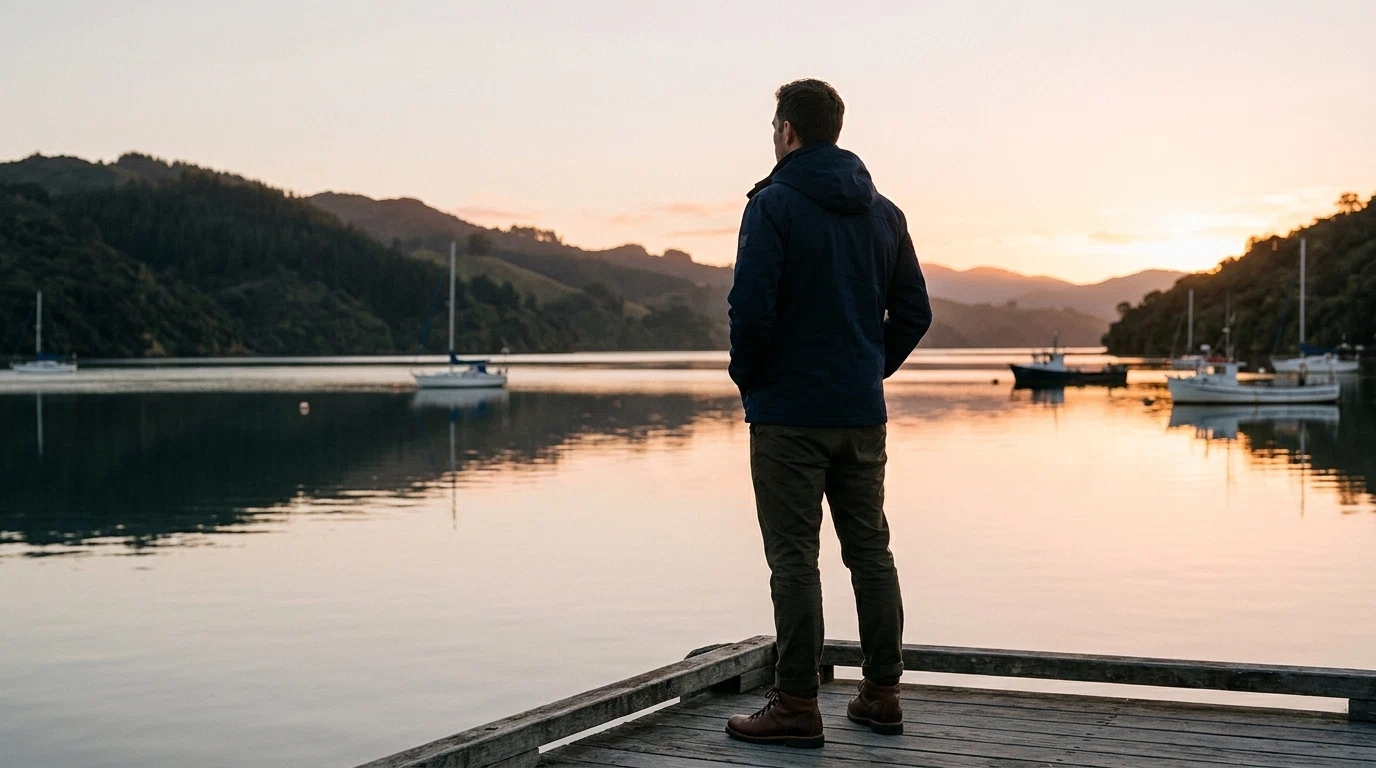 Man over 50 looking out over a New Zealand harbour at golden hour, active lifestyle